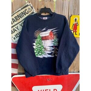Vintage 90s crewneck sweatshirt with red barn Christmas Cardinals birds Size L